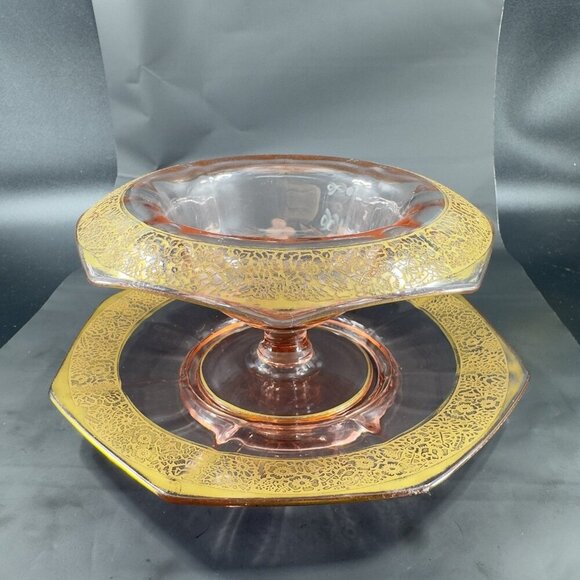 1930s Tiffin Franciscan Pink Depression Gold Edging Rambler Rose Dish Bowl Plate - Picture 13 of 14